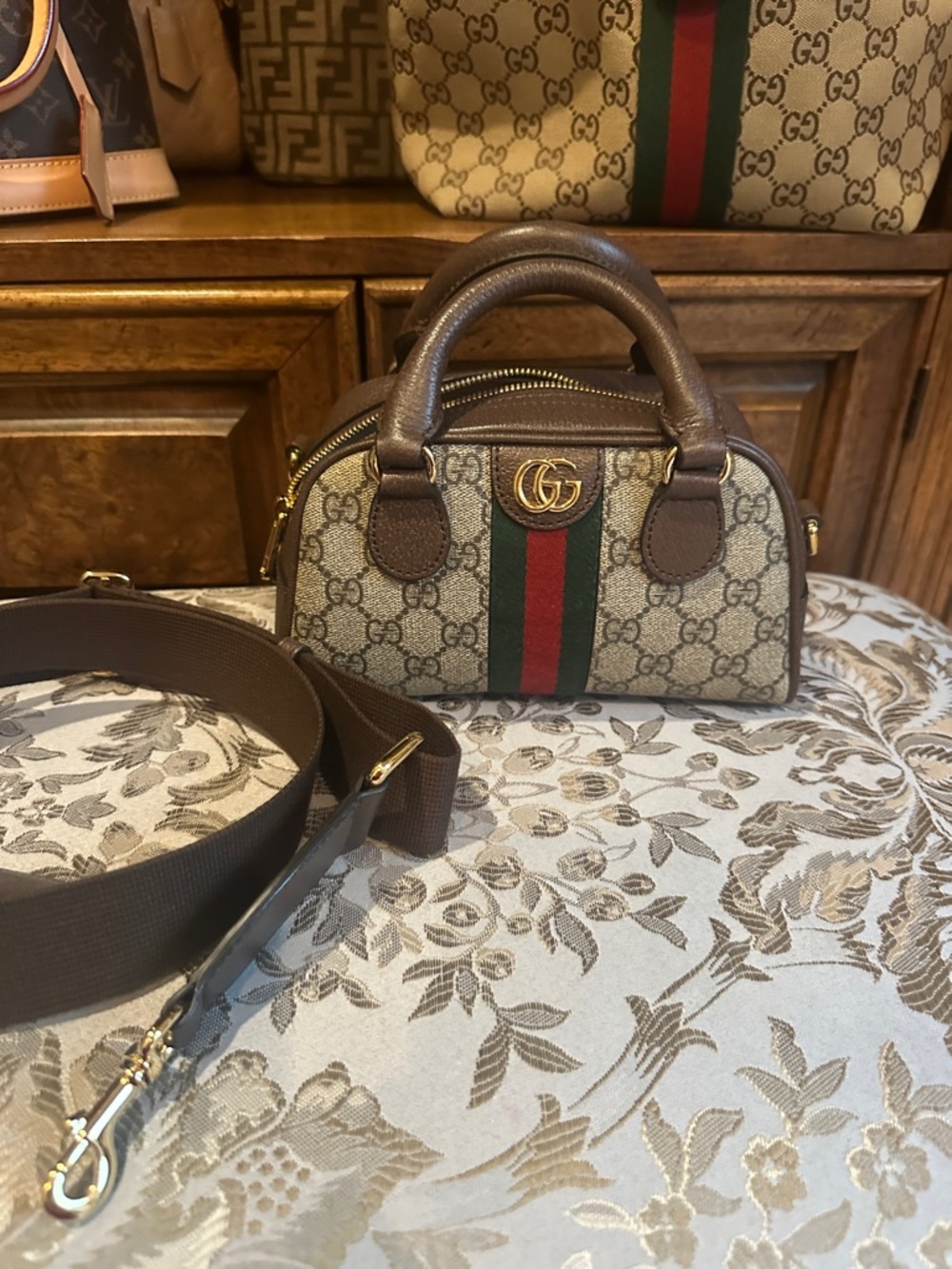 Gucci Beige GG Supreme Mini Top Handle Bag with Green-Red Stripe